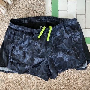 Old Navy Black Camo Athletic Shorts with Neon Yellow Drawstring